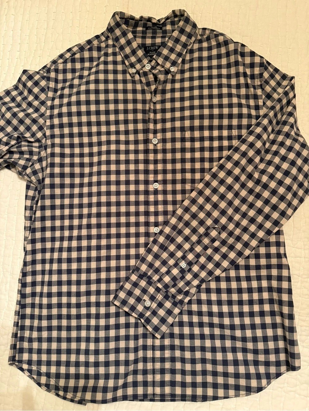 J.Crew Flex Washed Slim Untucked Gingham Shirt Blue & Cream Large